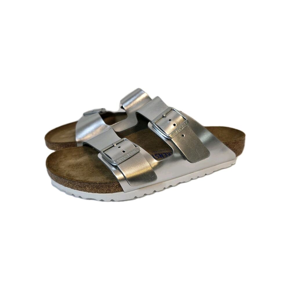 Birkenstock Womens Arizona Soft Footbed Sandals Slides Metallic Silver SZ 41
